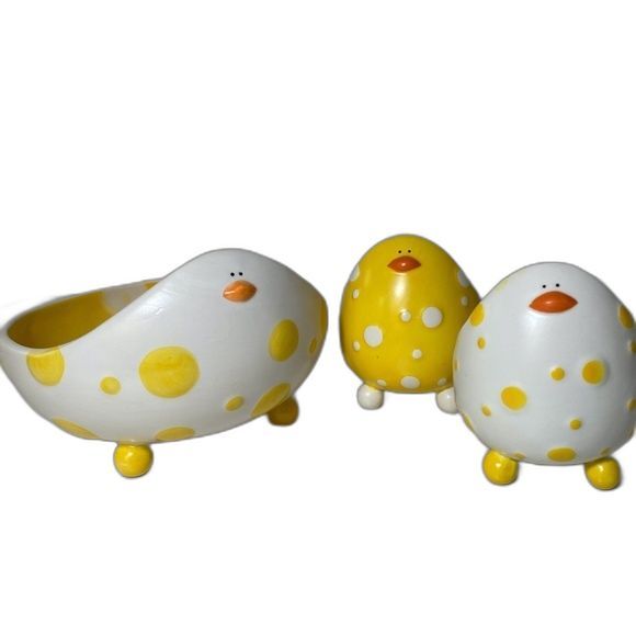 Ganz Set of 3 Baby Chick Egg Cup Holder/Bowl Yellow/White PolkaDots Ganz NEW - Picture 3 of 11